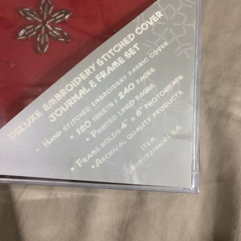 Vintage Deluxe Embroidered Red Velvet Snowflake Journal & Picture Frame Set NOS